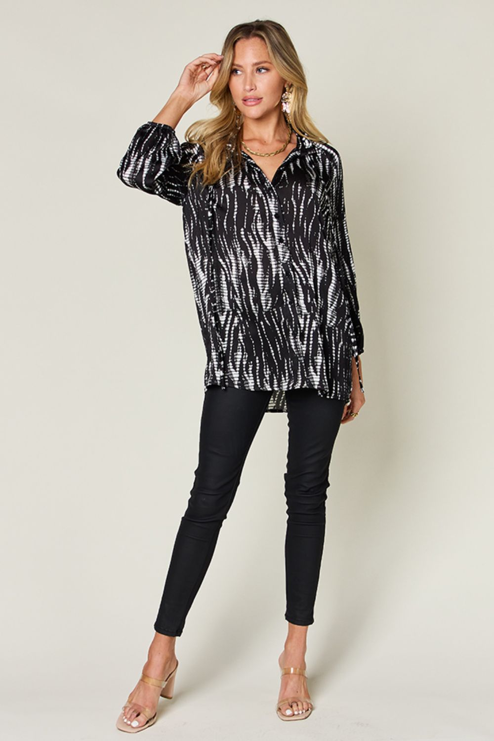 Women's Double Take Printed Button Up Long Sleeve Shirt