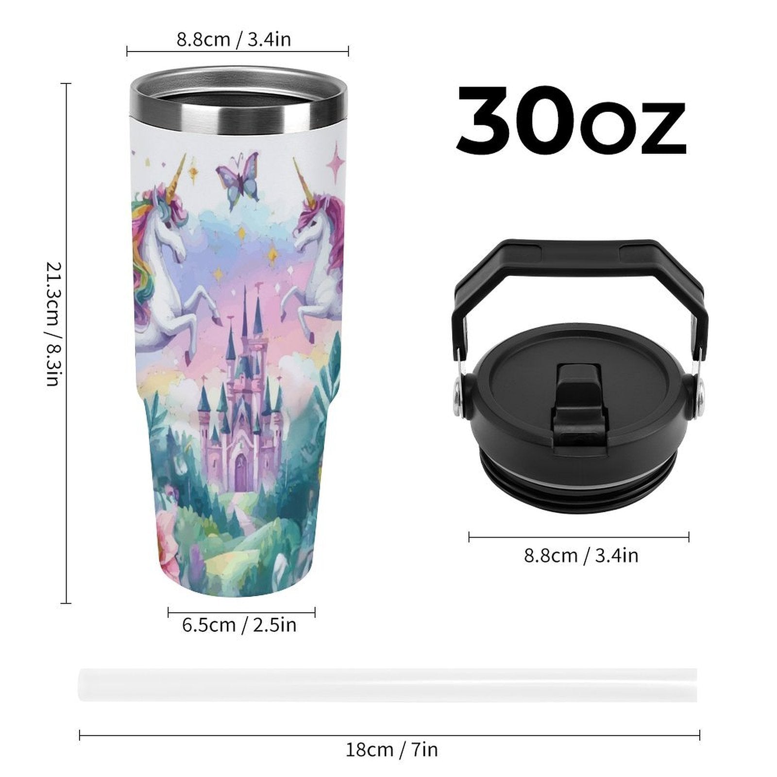 Purple Unicorn and Castle 30 oz Water Bottle