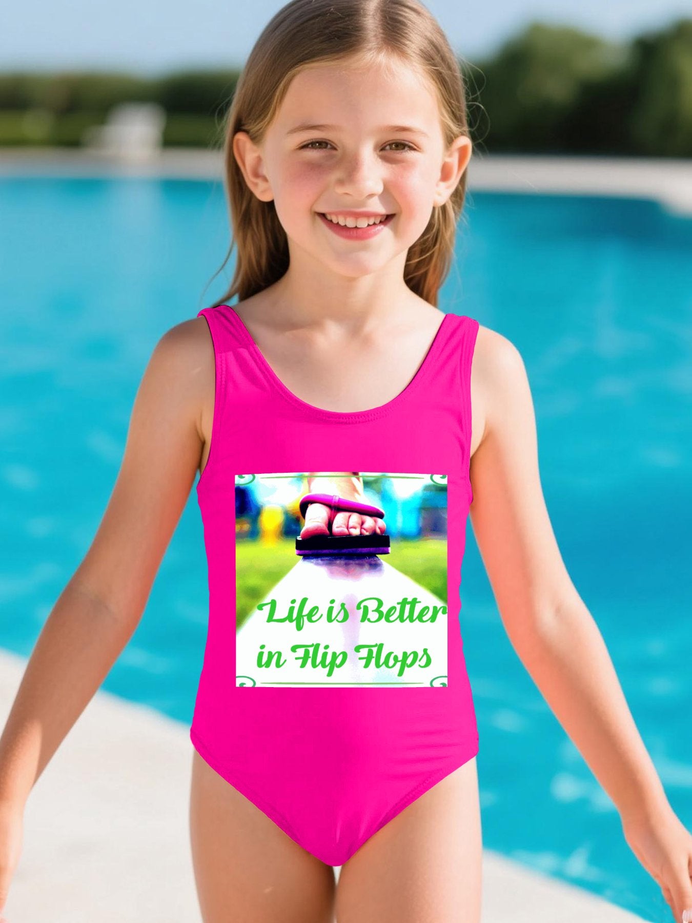 Life is Better in Flip Flops Girls' Summer One-Piece Swimsuit with Front Printing