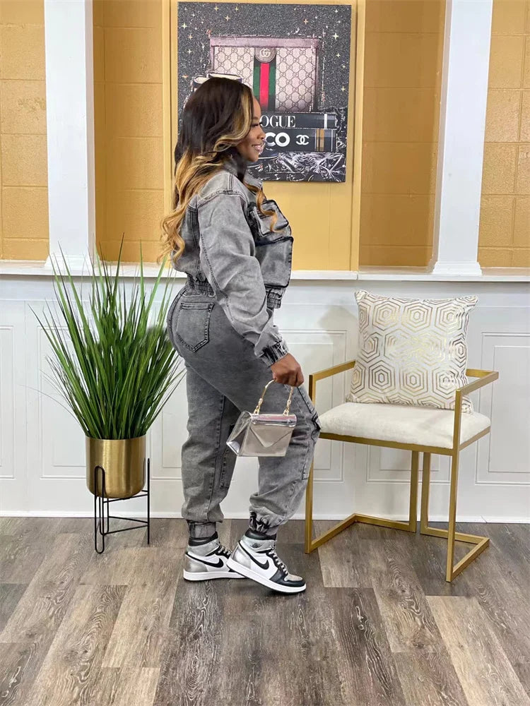 Wmstar Denim 2 Piece Set Women Jacket and Cargo Pants