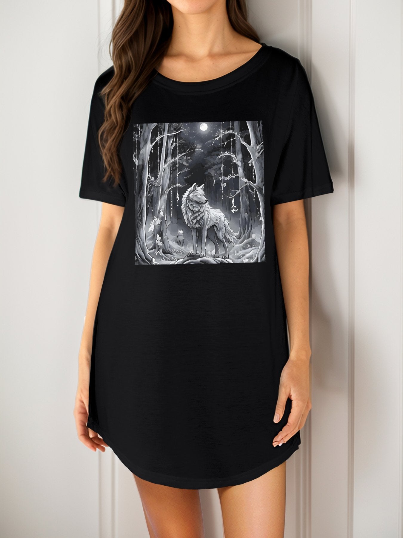 Ethereal Wolf in the Moonlight Casual Summer T-Shirt Dress (Front Printing)