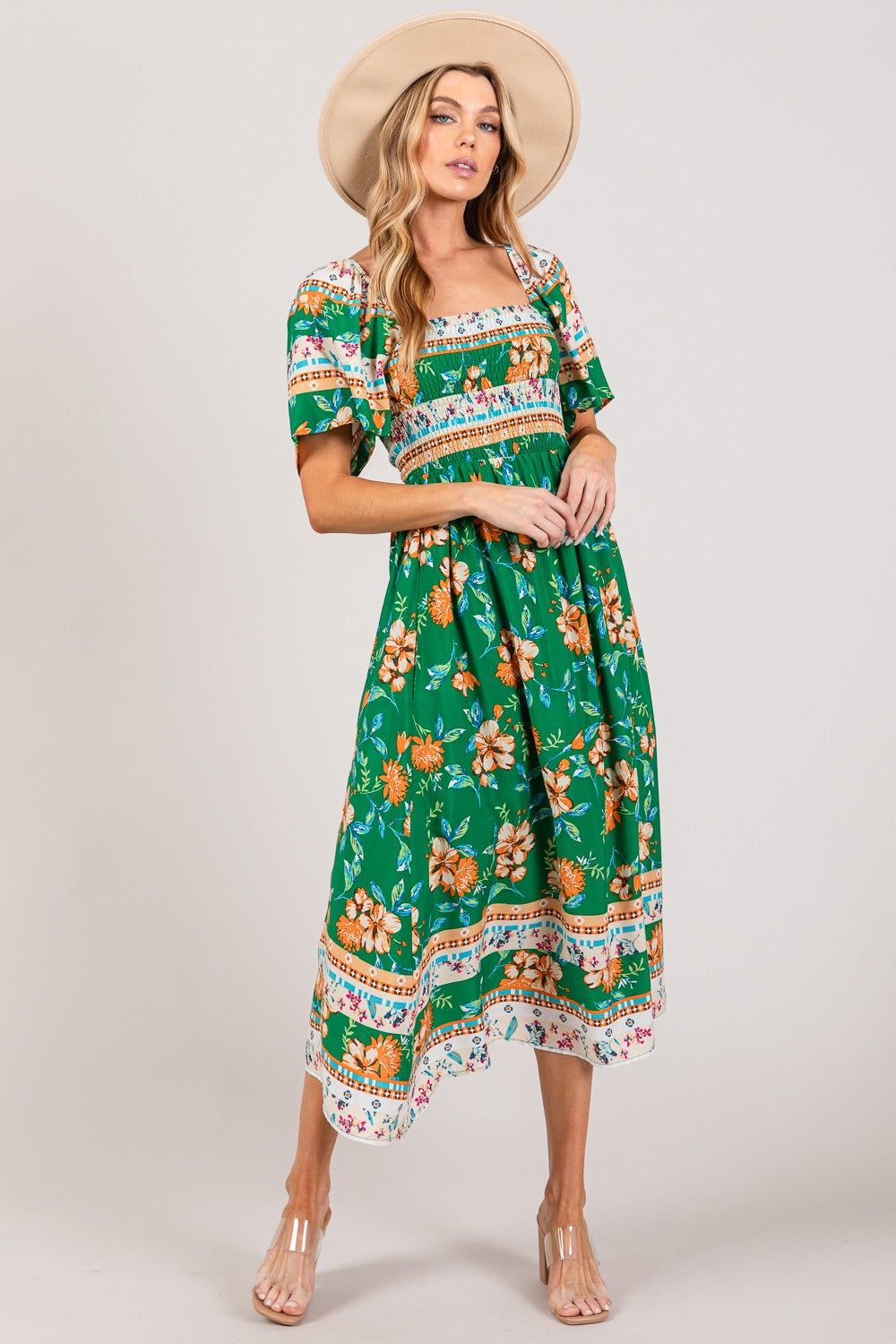 SAGE + FIG Green Printed Smocked Short Sleeve Midi Dress