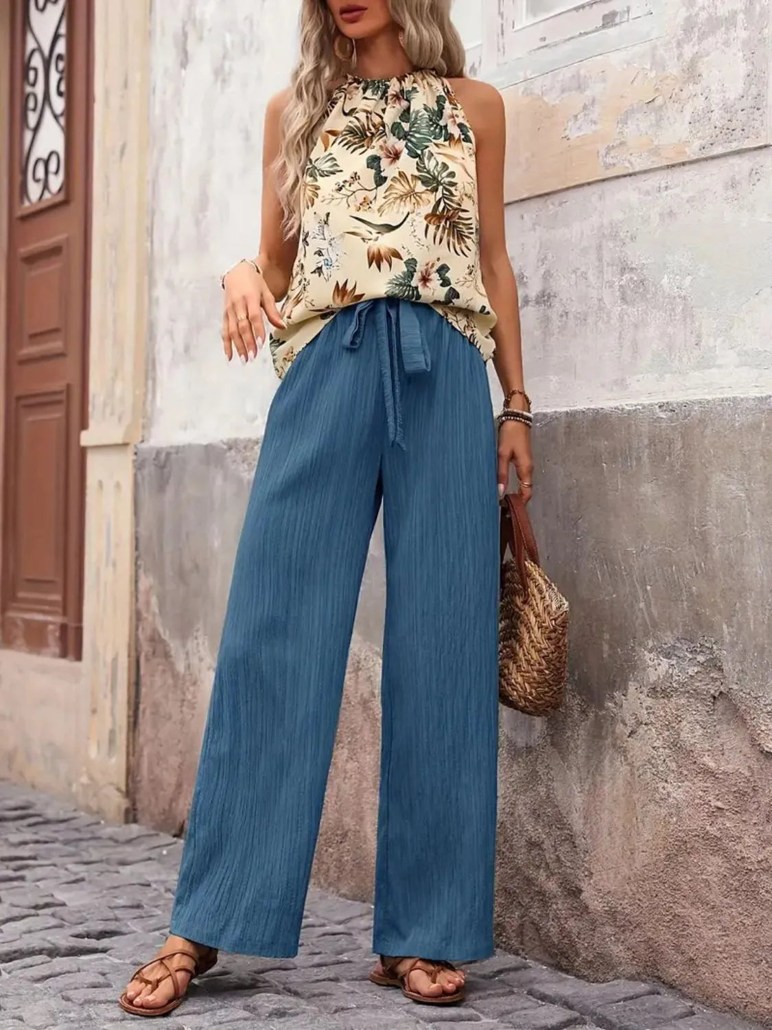 Women's Printed Tank Top and Wide Leg Pants Set Outfit
