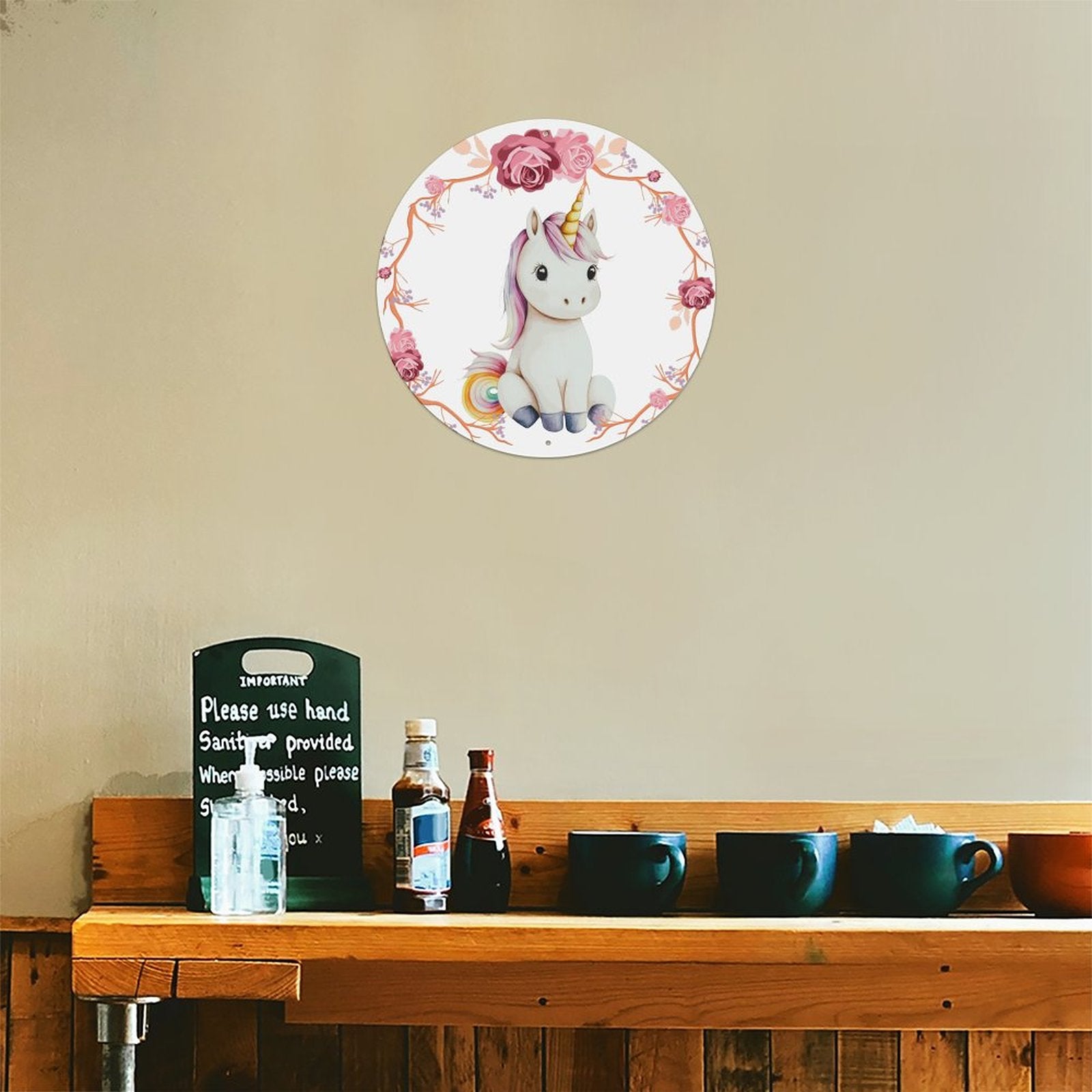 Baby Unicorn with Pink Roses Round Aluminum Plaque Painting