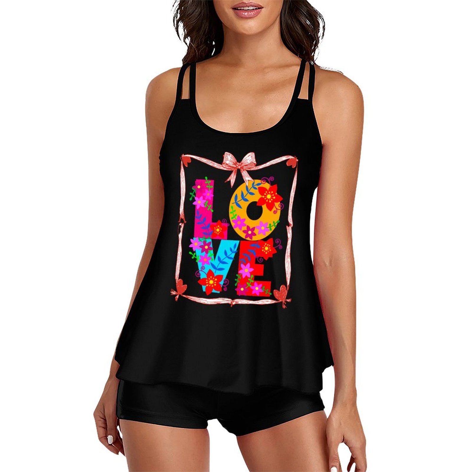 Floral LOVE Tankini Two-Piece Swimsuit for Women (Front Printing)