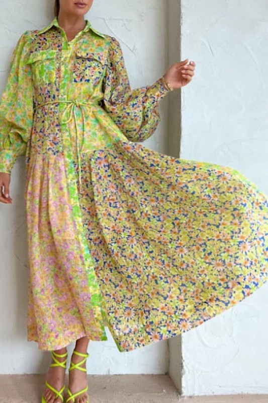 Women's Daisy Patchwork Floral Maxi Dress in Yellow