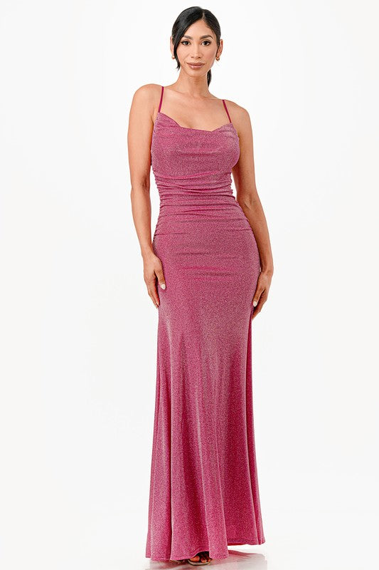 Sparkling Jacquard Cowl Neck Long Dress