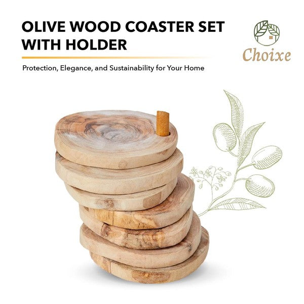 Olive Wood Coaster Set with Holder - 7 Pcs