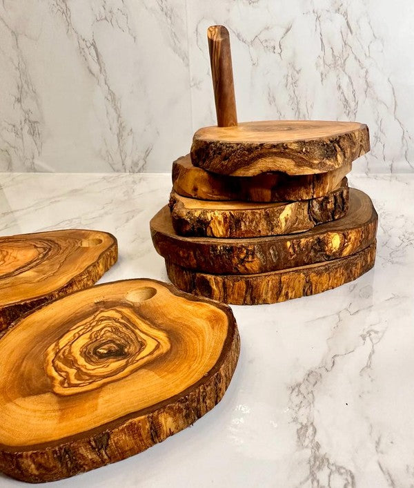 Olive Wood Coaster Set with Holder - 7 Pcs