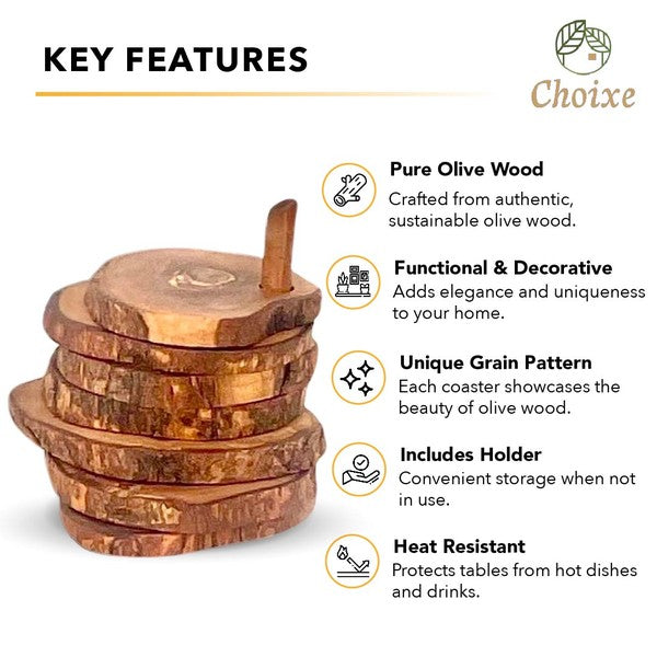 Olive Wood Coaster Set with Holder - 7 Pcs