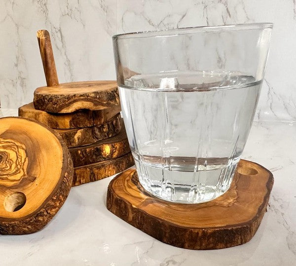 Olive Wood Coaster Set with Holder - 7 Pcs