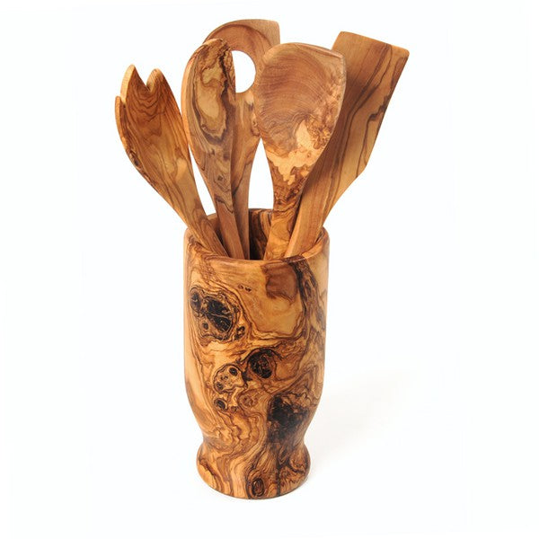 Olive Wood Kitchen Server Set with Holder - 6 Pieces