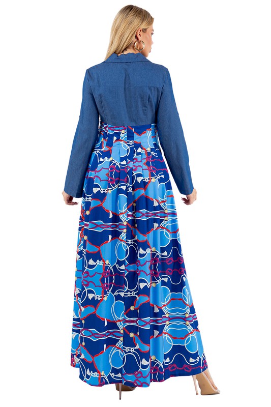 Women's Blue Pattern Collared Long Sleeve Maxi Dress