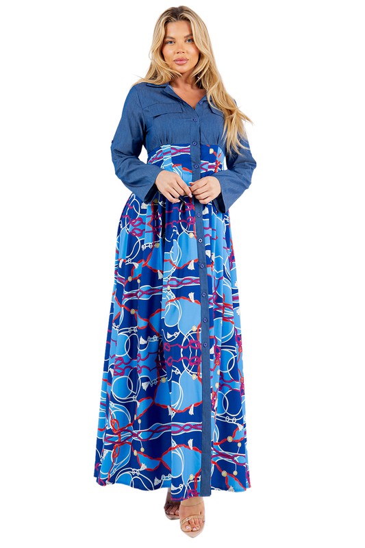 Women's Blue Pattern Collared Long Sleeve Maxi Dress