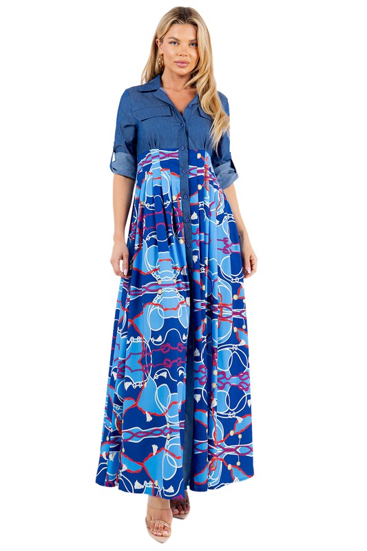 Women's Blue Pattern Collared Long Sleeve Maxi Dress