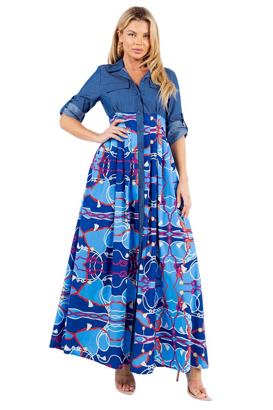 Women's Blue Pattern Collared Long Sleeve Maxi Dress