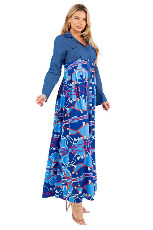 Women's Blue Pattern Collared Long Sleeve Maxi Dress