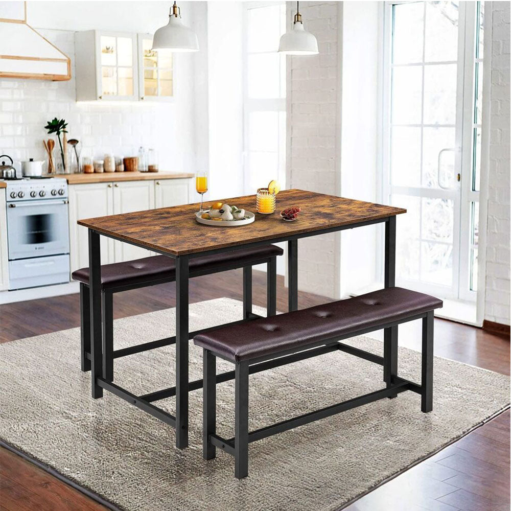 Industrial Style Dining Table Set with 2 Benches - Rustic Brown_6
