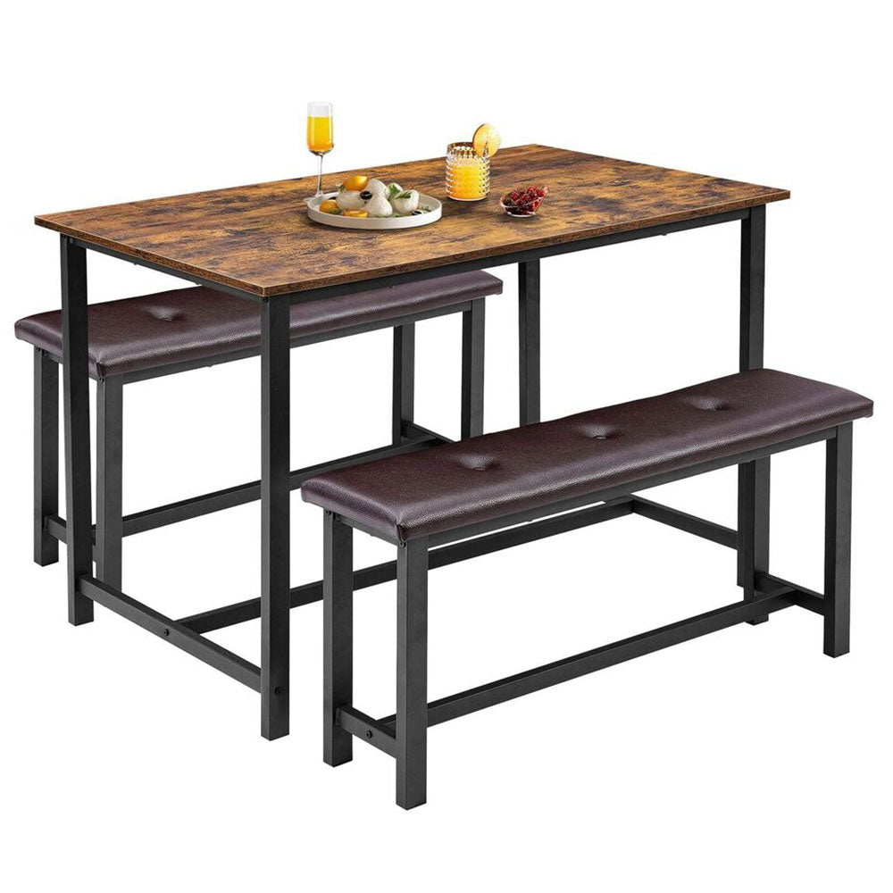 Industrial Style Dining Table Set with 2 Benches - Rustic Brown_1