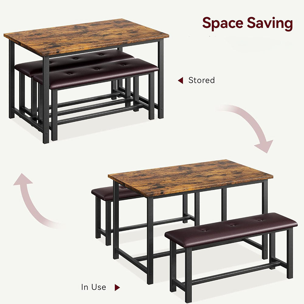 Industrial Style Dining Table Set with 2 Benches - Rustic Brown_4