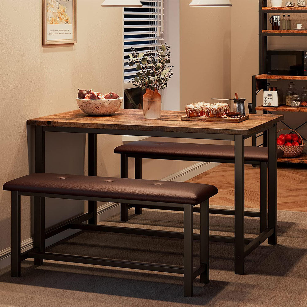 Industrial Style Dining Table Set with 2 Benches - Rustic Brown_2