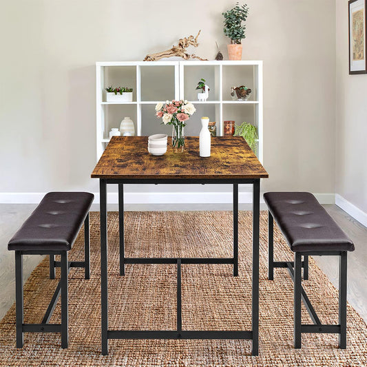 Industrial Style Dining Table Set with 2 Benches - Rustic Brown_3