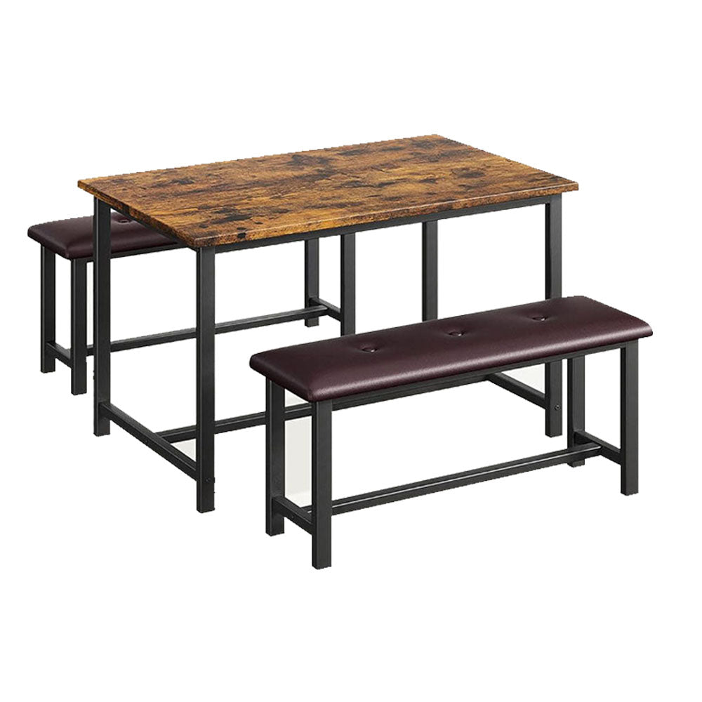 Industrial Style Dining Table Set with 2 Benches - Rustic Brown_0