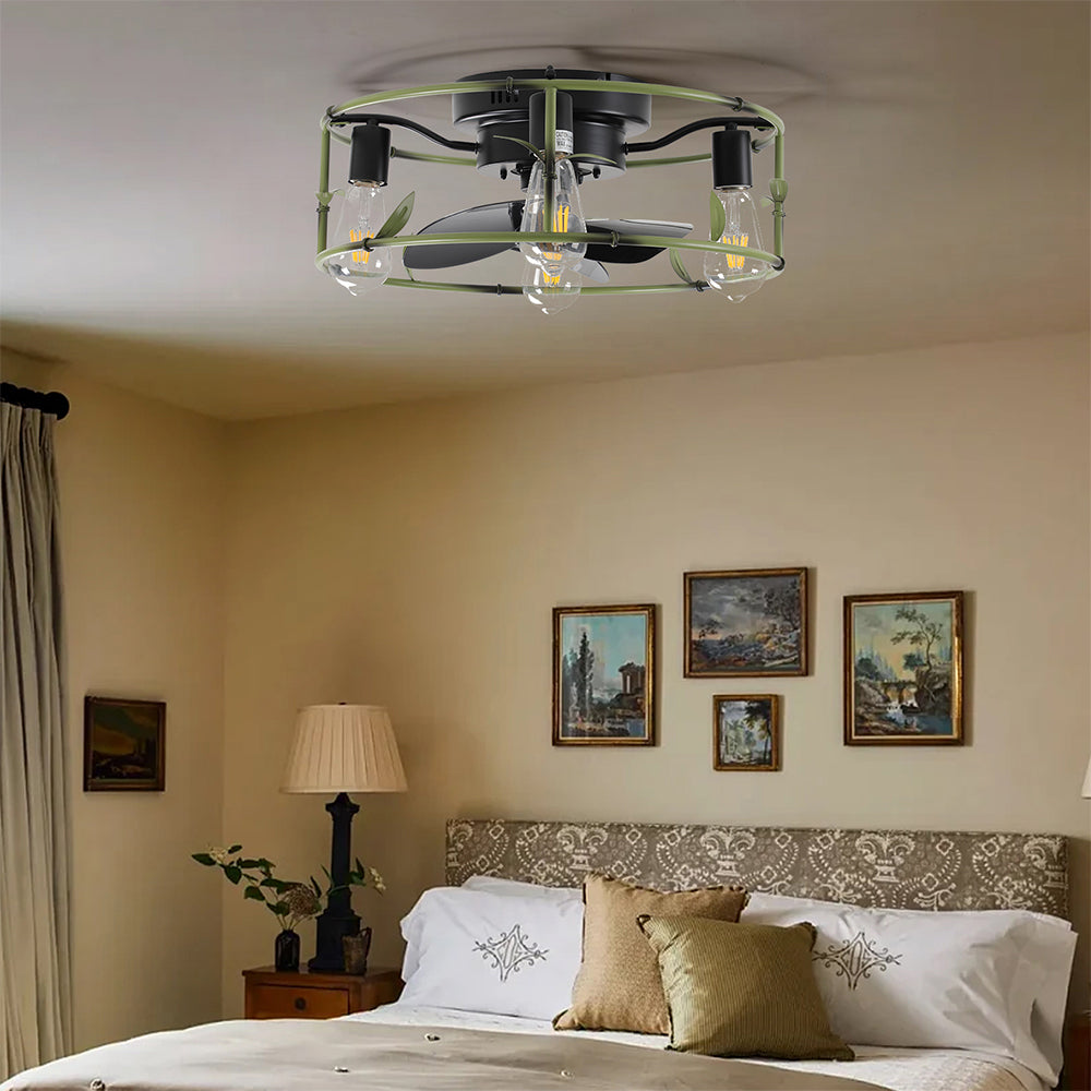 Green Caged Flush Mount Ceiling Fan with Light & Remote_2