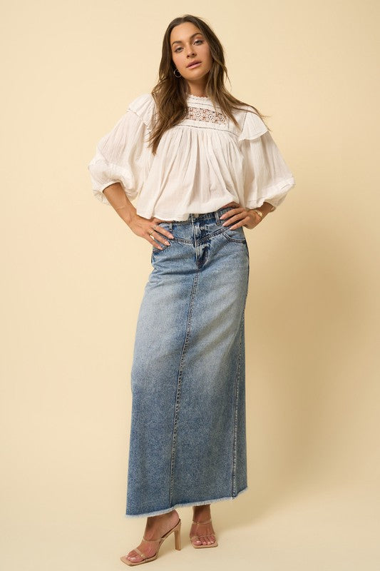 Women's Denim Blue High Rise Flared Maxi Skirt