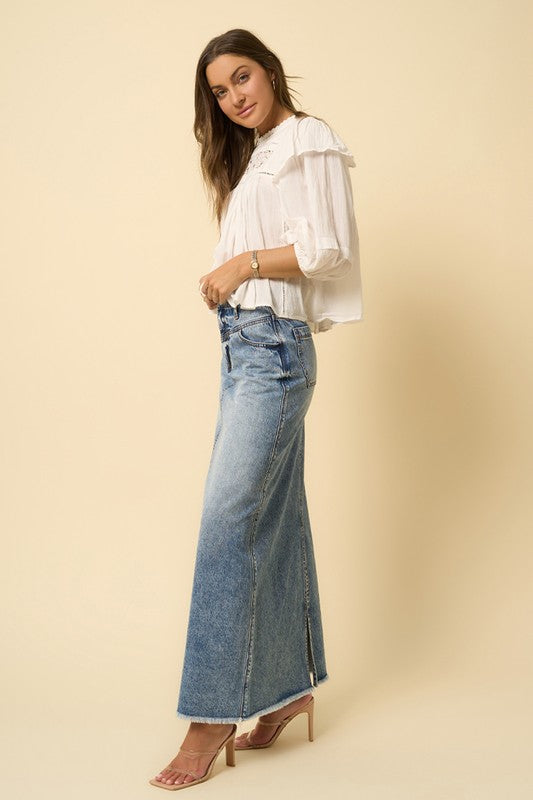 Women's Denim Blue High Rise Flared Maxi Skirt