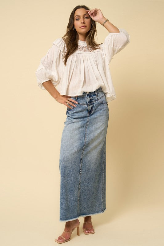 Women's Denim Blue High Rise Flared Maxi Skirt