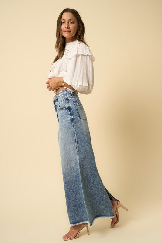 Women's Denim Blue High Rise Flared Maxi Skirt