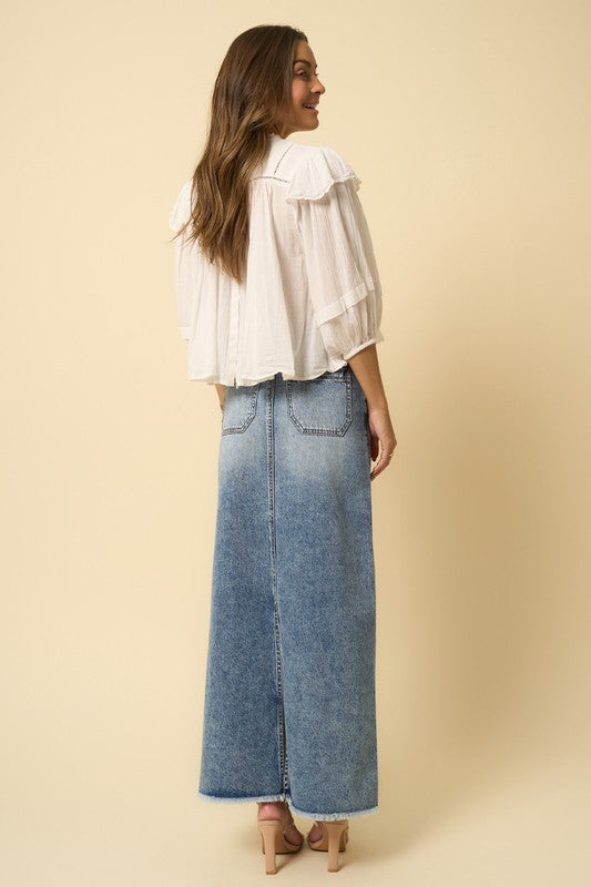 Women's Denim Blue High Rise Flared Maxi Skirt