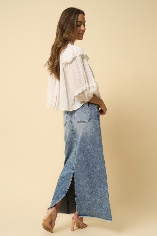 Women's Denim Blue High Rise Flared Maxi Skirt