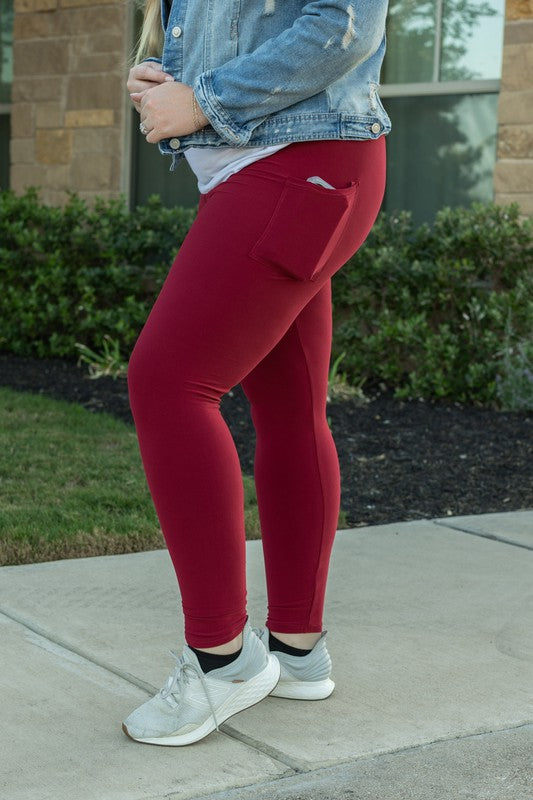 Women's Red Full-Length Leggings with Pocket