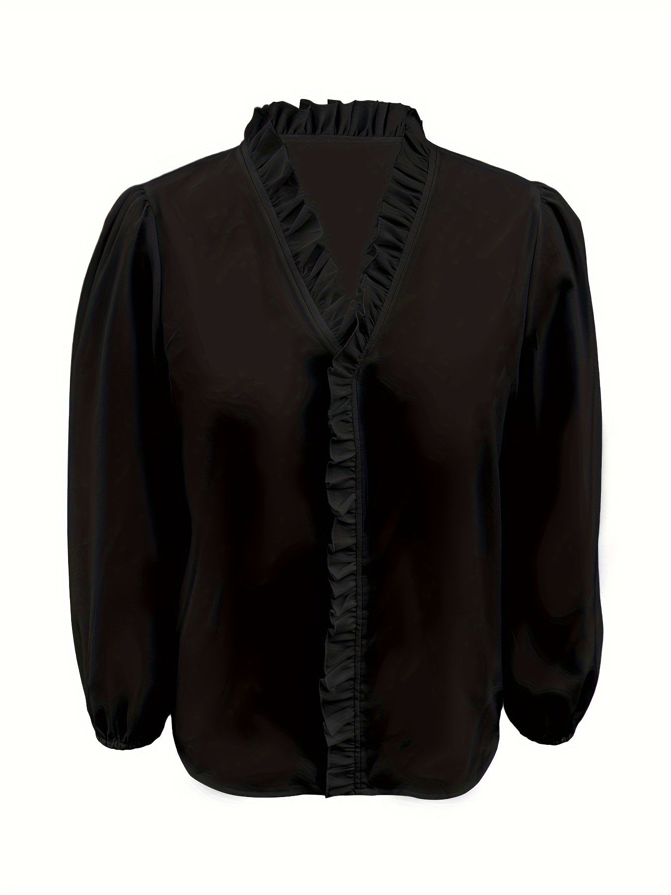 Pure Color Ruffle Hemline Shirt Casual V-neck Long Sleeve Shirt