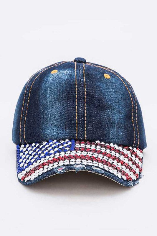 USA Flag Rhinestone Brim Baseball Cap