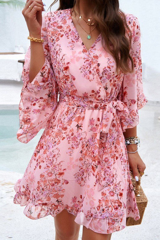 Women's Pink Floral Flutter Wrap Short Dress