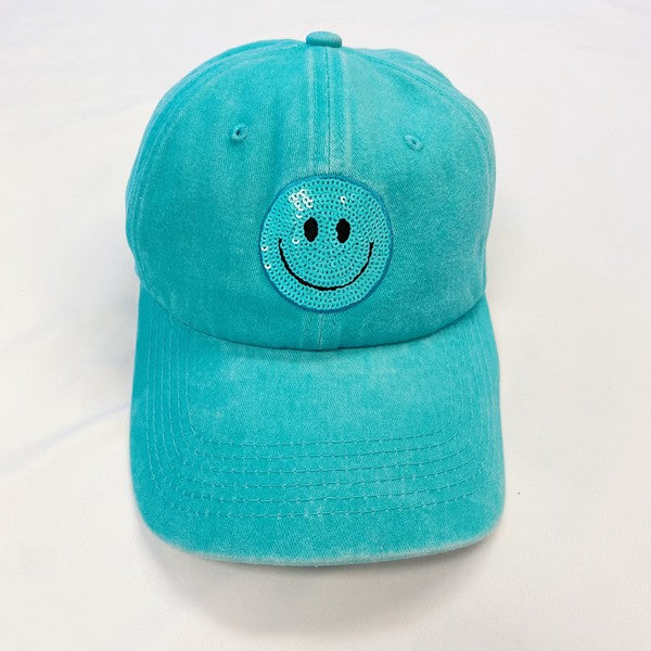 Sparkly Sequin Patch Happy Face Ball Cap
