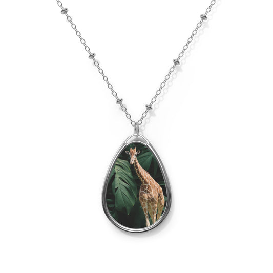 Tall Giraffe Surrounded by Greenery Oval Necklace