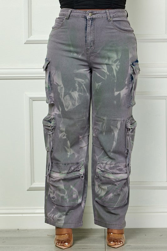 Women's Grey Acid Wash High Waisted Cargo Plus Size Pants