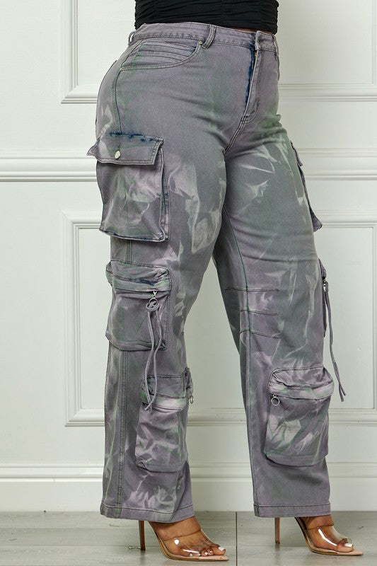 Women's Grey Acid Wash High Waisted Cargo Plus Size Pants