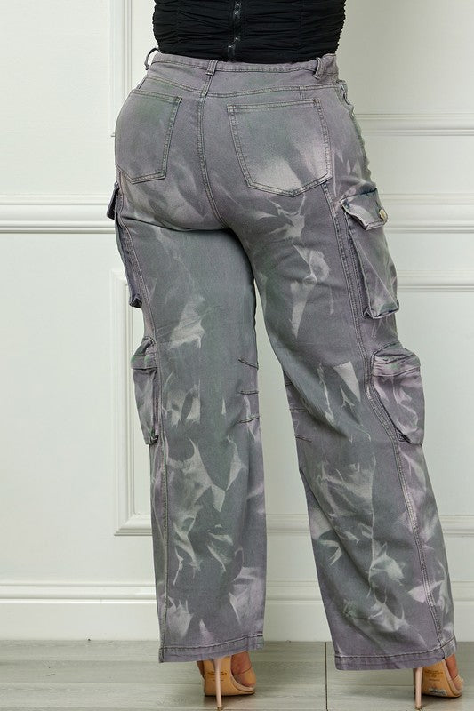 Women's Grey Acid Wash High Waisted Cargo Plus Size Pants
