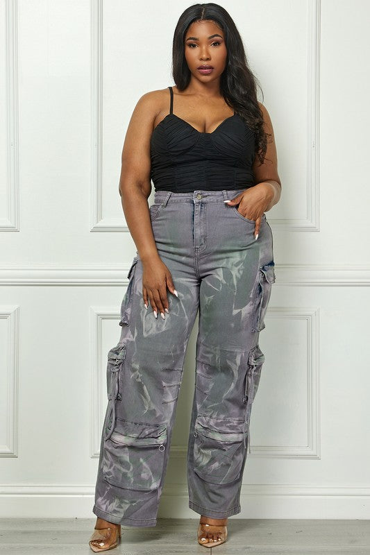 Women's Grey Acid Wash High Waisted Cargo Plus Size Pants