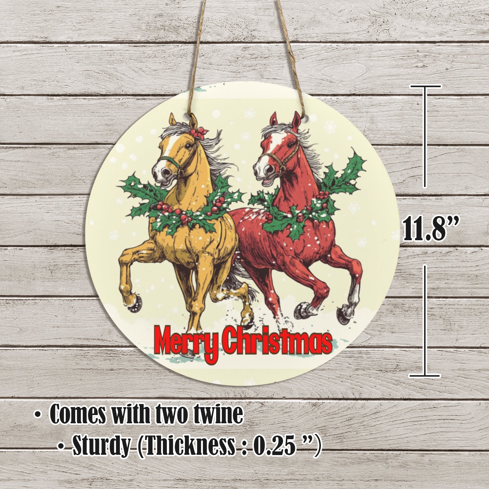 Horses at Christmas Round Wooden Door Sign 11.8'' (Made in USA)