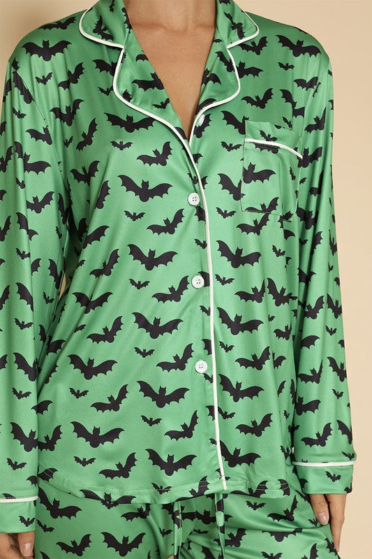 Women's Halloween Bats Green 2-piece Pajama Set