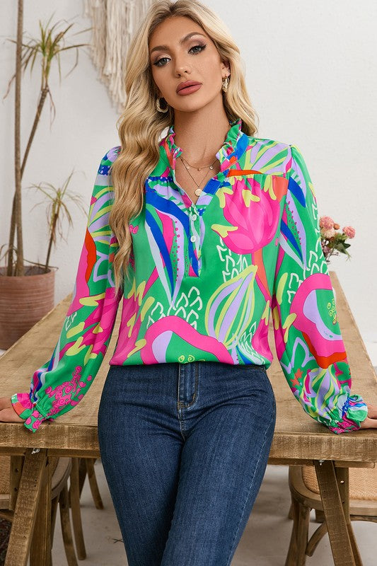 Abstract Ruffled Sleeve Buttoned V-neck Blouse