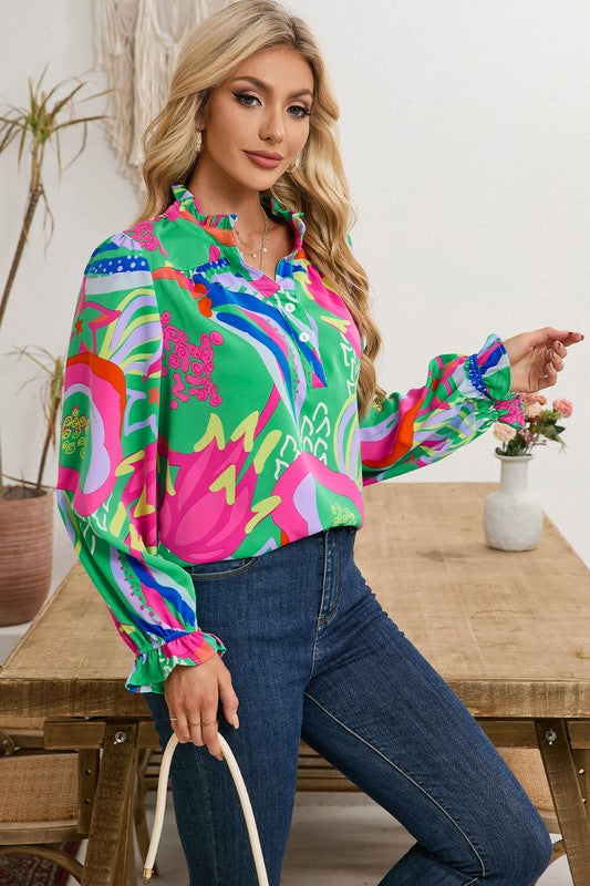 Abstract Ruffled Sleeve Buttoned V-neck Blouse