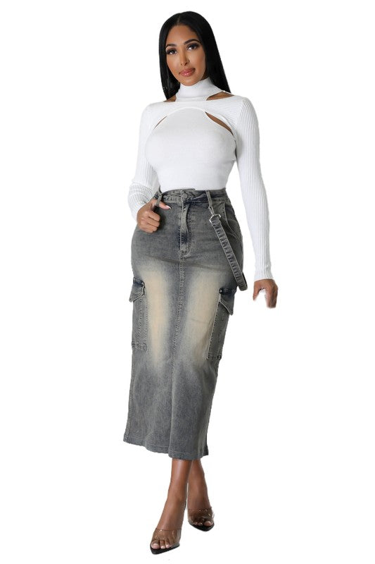 Women's Black Denim Maxi Skirt