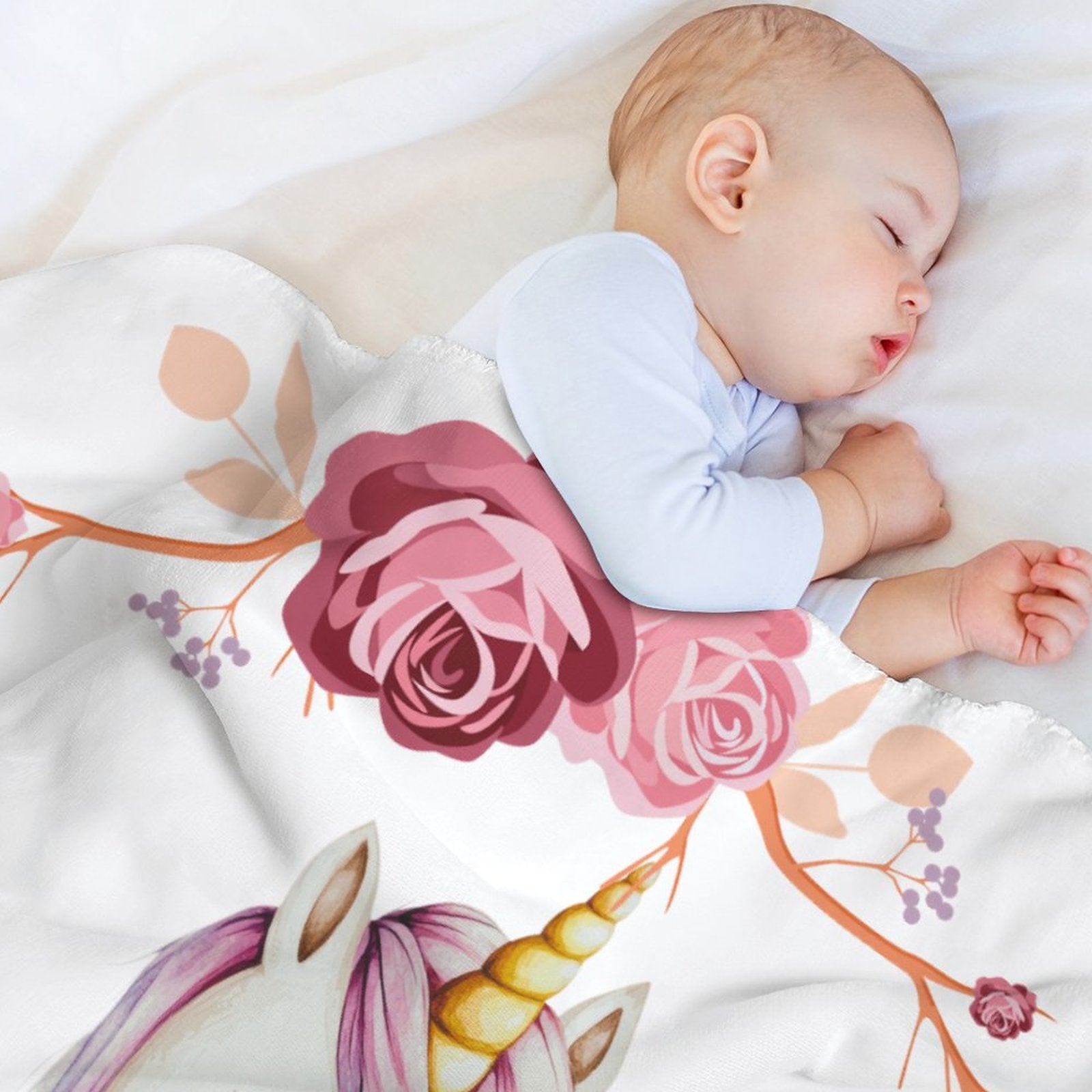 Baby Unicorn with Pink Roses Ultra-Soft Micro Fleece Throw Blankets